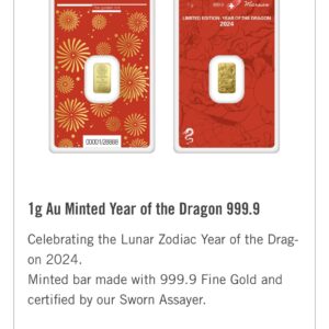 Argor-Heraeus Year of the Dragon 1 г златно кюлче 999.9