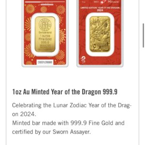 Argor-Heraeus Year of the Dragon 1 oz златно кюлче 999.9