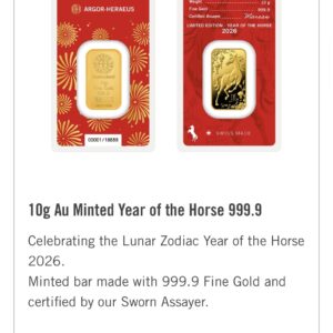 Argor-Heraeus Year of the Horse 10 г златно кюлче 999.9