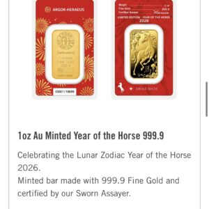 Argor-Heraeus Year of the Horse 1 oz златно кюлче 999.9