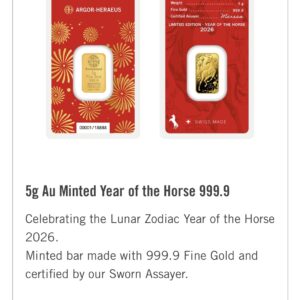 Argor-Heraeus Year of the Horse 5 г златно кюлче 999.9