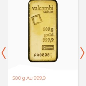 Valcambi Suisse 500 г златно кюлче 999.9