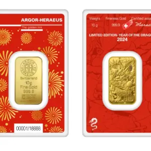 Argor-Heraeus Year of the Dragon 10 г златно кюлче 999.9