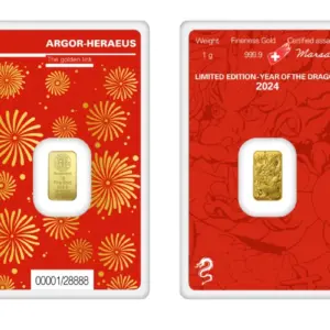 Argor-Heraeus Year of the Dragon 1 г златно кюлче 999.9